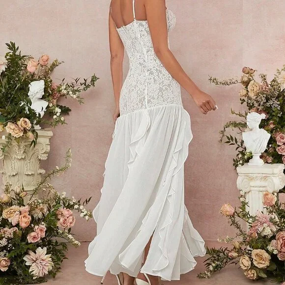 White Preppy Women's Lace Bustier Split Thigh Ruffle Maxi Dress - Picture 2 of 6